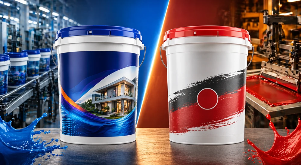 heat transfer label for paint pails in India showing seamless container branding