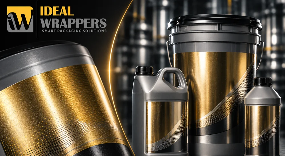 metallized heat transfer labels with metallic finish on plastic containers for premium packaging