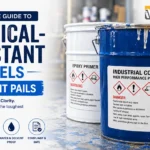 chemical resistant label applied on industrial paint pail container for durable packaging