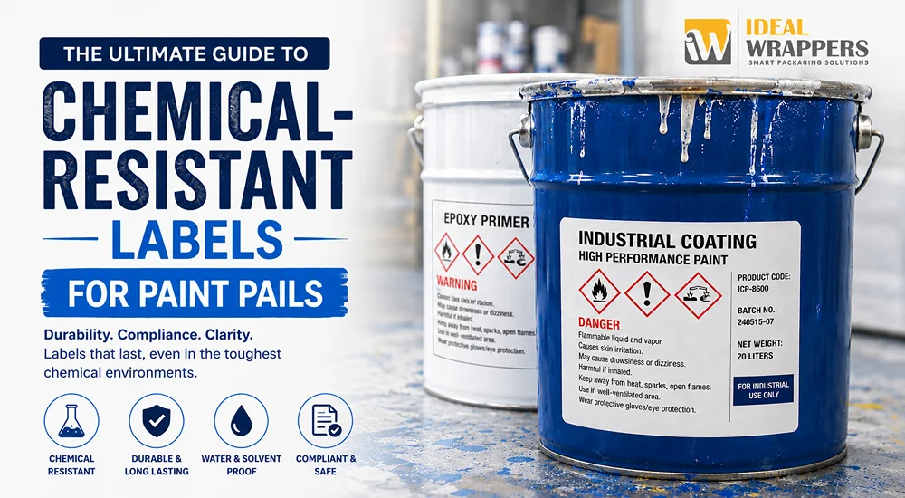 chemical resistant label applied on industrial paint pail container for durable packaging