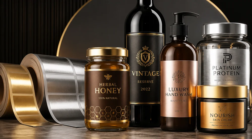 premium product packaging featuring metallized labels with metallic finish and high shelf appeal