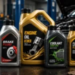 automotive fluid packaging labels on engine oil, lubricant, and coolant bottles with chemical-resistant durable labeling solutions