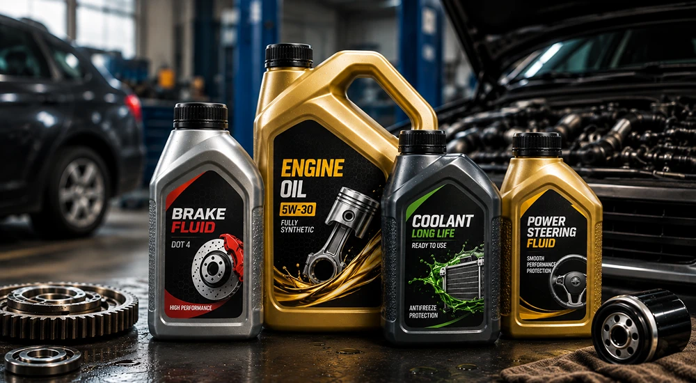 automotive fluid packaging labels on engine oil, lubricant, and coolant bottles with chemical-resistant durable labeling solutions