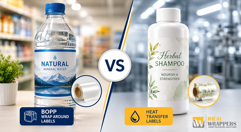 comparison of BOPP wrap around labels and heat transfer labels used for plastic bottles and industrial packaging